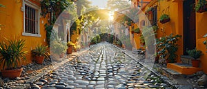 A cobblestone alleyway in an old European town