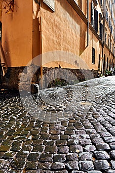 Cobblestone brick paved street in Rome