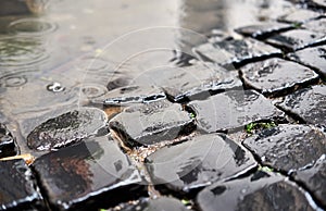 Cobblestone brick paved street in Rome