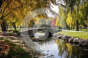 cobblestone bridge over a peaceful pond in a city park