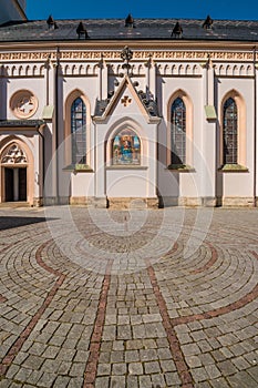 Cobblestone labyrinth in front of St. Nikolaus church, Rosenheim, Bavaria, Germany