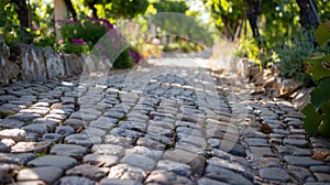 A cobblestone path leading through the vineyard beckoning visitors to wander and discover its secrets. .