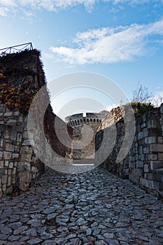 Cobblestone path, walls and towers inside Kalemegdan fortress in Belgrade