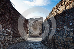 Cobblestone path, walls and towers inside Kalemegdan fortress in Belgrade