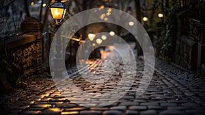 A cobblestone pathway is accented by the warm yellow light of gas lamps photo