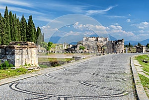 Cobblestone pathway to Domitian gate ruins in the ancient Greco Roman city Hierapolis, Pamukkale, Turkey