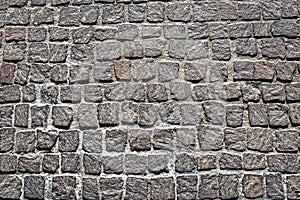 Cobblestone pavement texture background. Top view of stone road. Detail of granite sidewalk taken from above. Old street