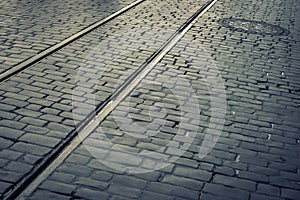 Cobblestone pavement with tram rails