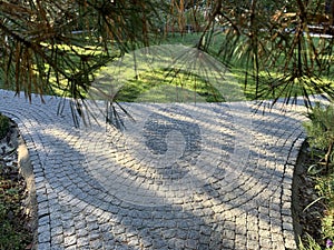 Cobblestone Paving In Perspective With Circular Pattern, Abstract Grey Background Or Texture