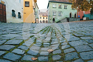 Cobblestone road with grass