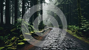 A cobblestone road in the middle of a forest. Generative AI image.