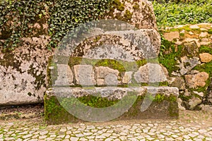 Cobblestone road to the palace foam among the rocks and trees an