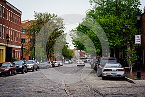 Cobblestone street in Fells Point, Baltimore, Maryland.