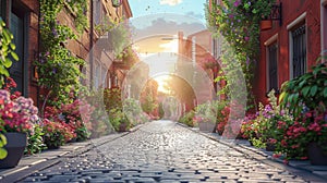 Cobblestone Street With Flower-lined Sides