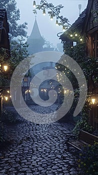 Cobblestone street with lanterns at dusk