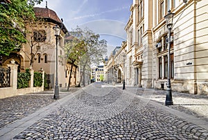 The beautiful Strada Postei street in the Lipscani district, in a moment of tranquility , historical center of Bucharest