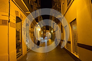 Cobblestone street lit with street lamps at night in Malaga, Spa