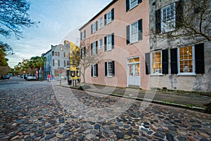 Cobblestone street and old buildings in Charleston, South Carolina