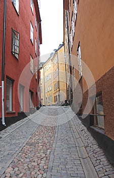 Cobblestone street in the old center of Stockholm Sweden