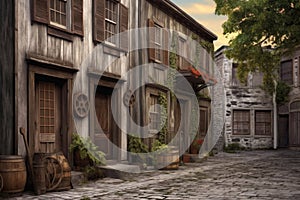 cobblestone street with rustic wooden doors and shuttered windows