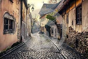 a cobblestone street with two buildings next to a lamp post