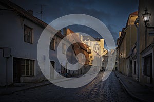 cobblestone streets in the old city of Tallinn in Estonia with centuries-old houses