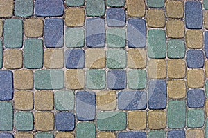 Cobblestone Texture Background, Large Detailed Horizontal Closeup, colorful green, yellow, blue, tan, grey, gray, beige ashlar