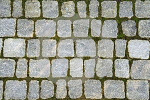Cobblestone texture with grass growth between bricks