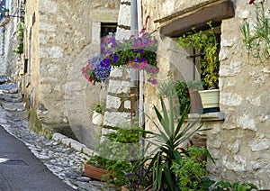 Cobblestone water drainage, flowers and plants in Saint Paul-De-Vence, Provence, France