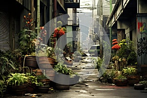 Cobblestoned Old city street plant. Generate Ai photo