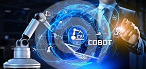 Cobot collaborative robot arm 3d render. industrial automation technology concept