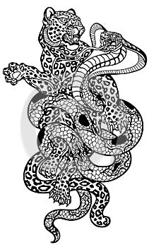 Cobra snake versus leopard. Black and white tattoo