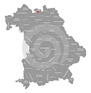 Coburg city red highlighted in map of Bavaria Germany