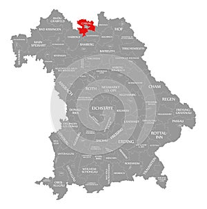 Coburg county red highlighted in map of Bavaria Germany