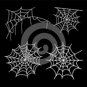 Cobweb collection, isolated on black background. Halloween spider web set. Hand drawn icons for Halloween decoration