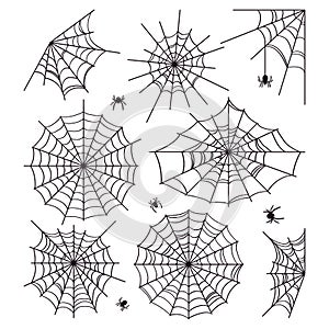 Cobweb collection isolated on white background. Scenery for Halloween. Silhouettes of spiders. Vector illustration