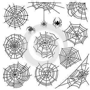 Cobweb. Halloween monochrome spiderweb and dangerous spider. Web silhouettes for creepy horror tattoo and decoration