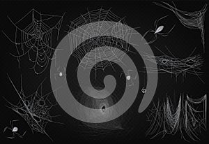 Cobweb set isolated on black transparent alpha background. Spiderweb for Halloween design. High quality spider web