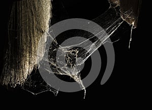 Cobweb or spider web in ancient thai house isolated on black background