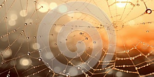 Cobweb or spiderweb natural rain pattern background close-up. Cobweb with drops of rain pattern in blue light. Cobweb