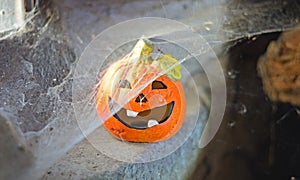 Cobwebs cover a scary halloween pumpkin