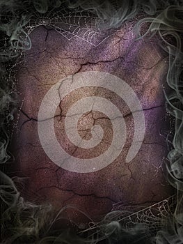 Cobwebs and smoke background for a Halloween violet cracked wall