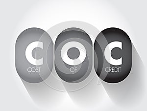 COC Cost Of Credit - expenses charged to the borrower in a credit agreement, acronym text concept background