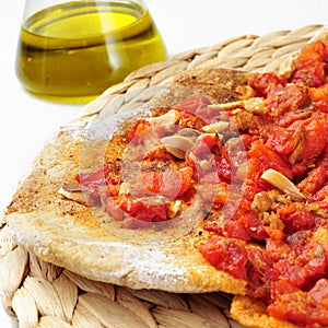 Coc de tomata, a pie with tomato and tuna typical of Valencia, S