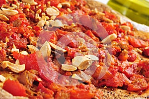Coc de tomata, a pie with tomato and tuna typical of Valencia, S
