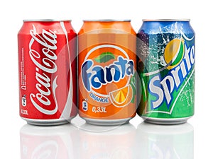 Coca-Cola, Fanta and Sprite cans