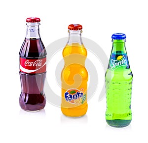 Coca Cola, Sprite and Fanta cans isolated on white background