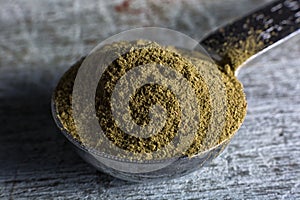 Coca leaf flour in measuring spoon