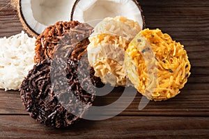 Cocada Coconut Candy on Rustic Wood Background