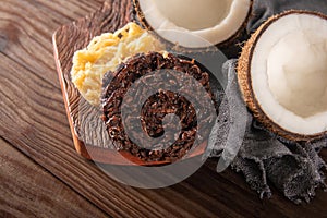 Cocada Coconut Candy on Rustic Wood Background